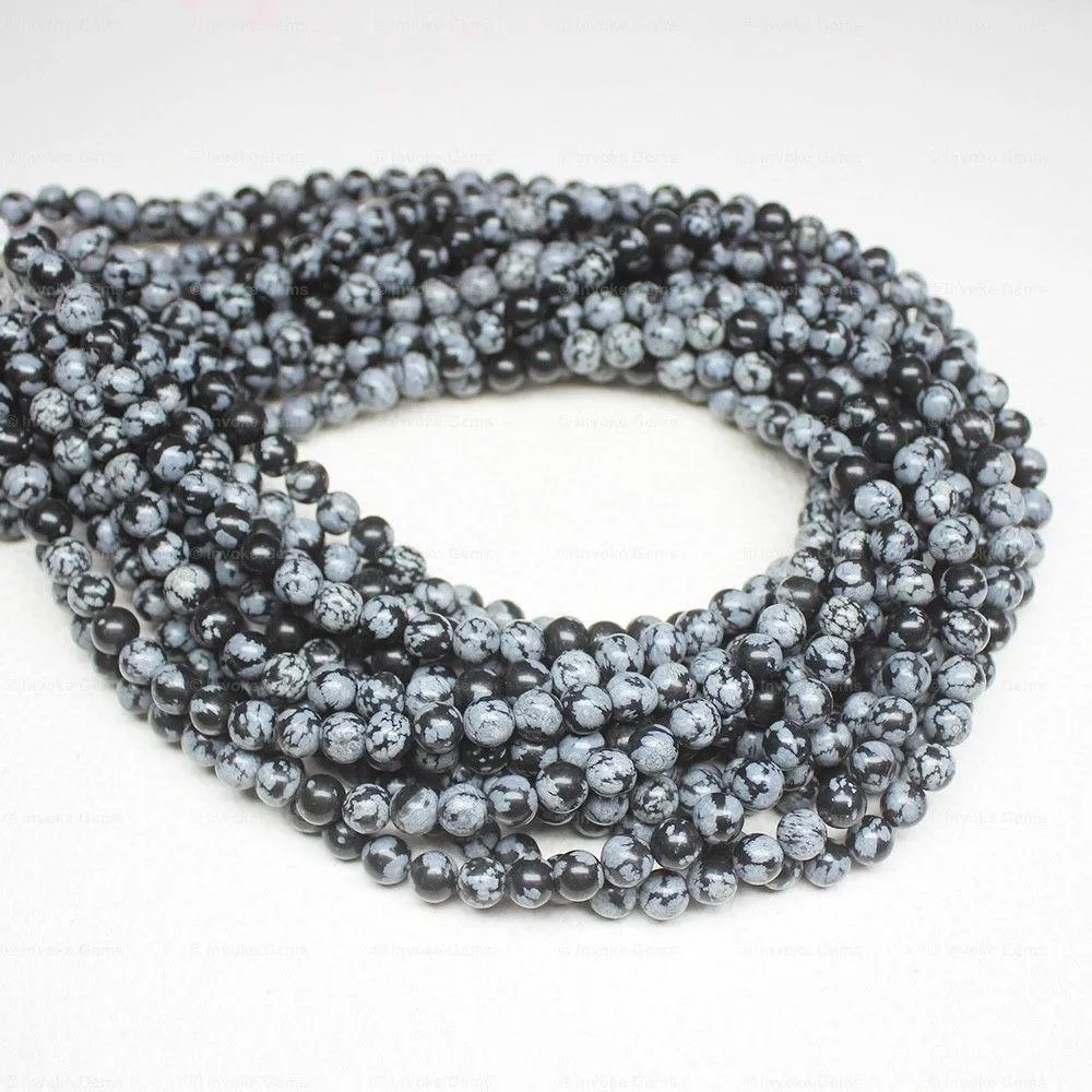 4 Strand Natural Snowflake Obsidian Smooth Loose Round Ball Beads 6mm 15"