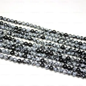 4 Strand Natural Snowflake Obsidian Smooth Loose Round Ball Beads 6mm 15"