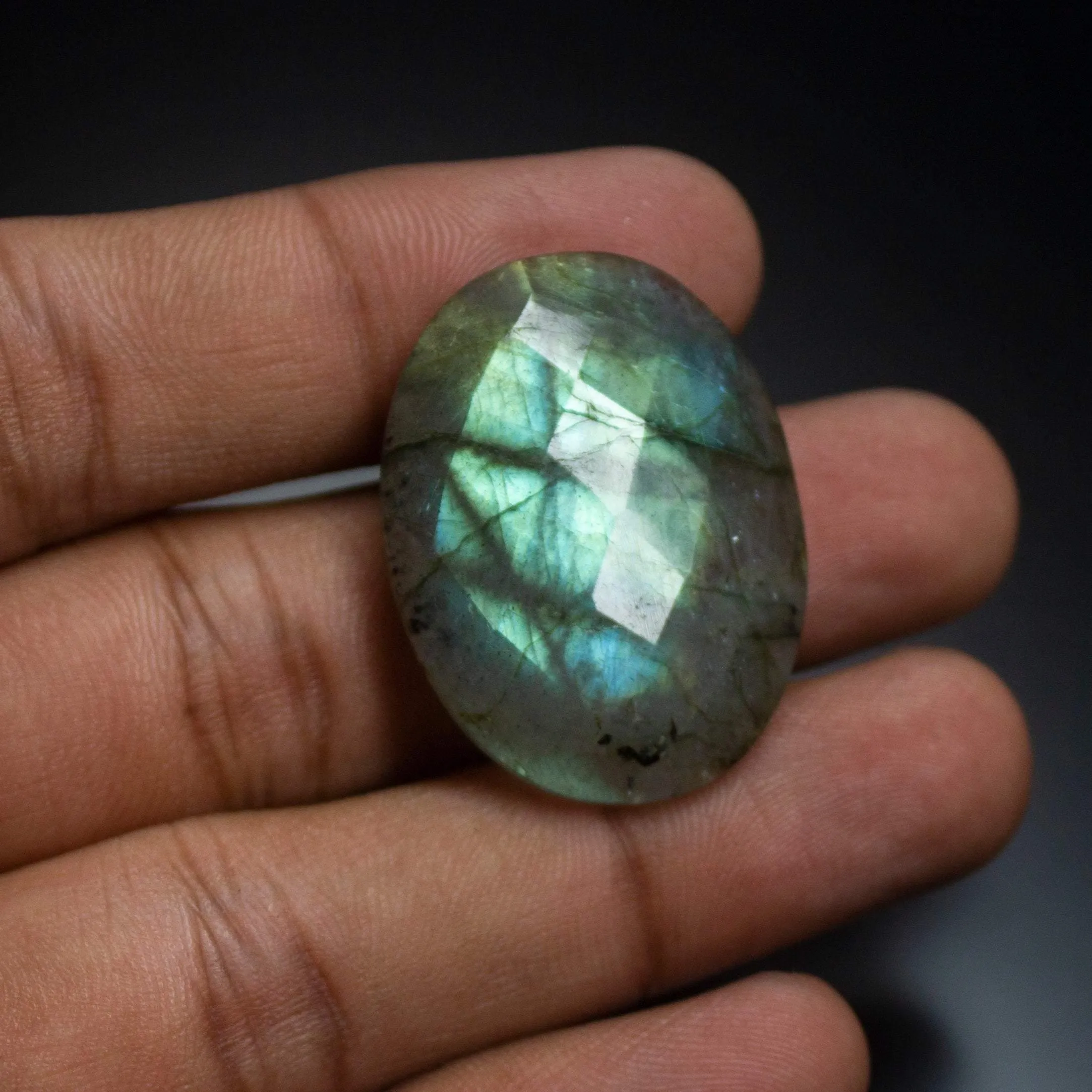 48 carats , Natural Labradorite Oval Shape Both Side Faceted Cabochon Loose Gemstone 32x25mm