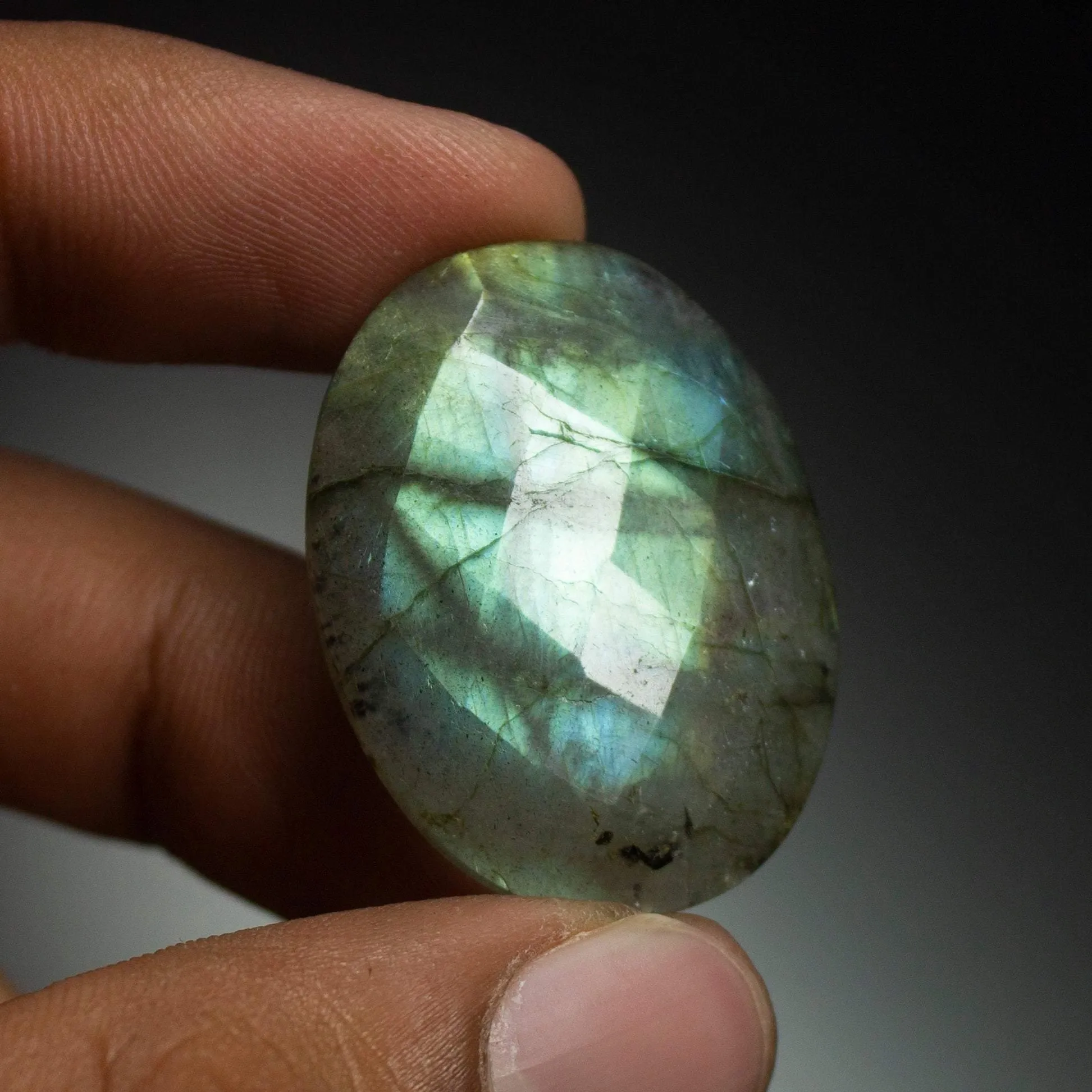 48 carats , Natural Labradorite Oval Shape Both Side Faceted Cabochon Loose Gemstone 32x25mm
