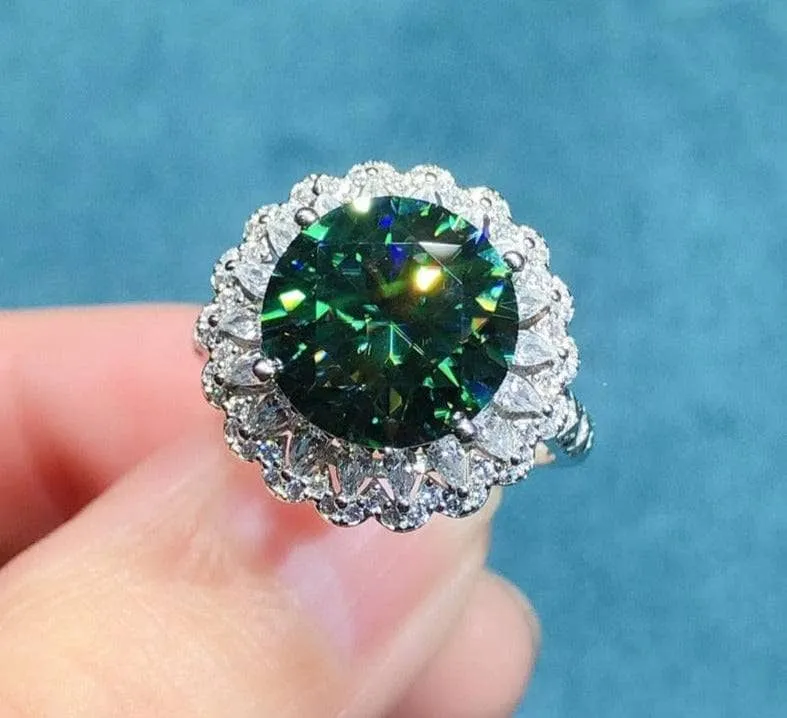 6 Carat Round Cut Green Diamond Halo Engagement Ring
