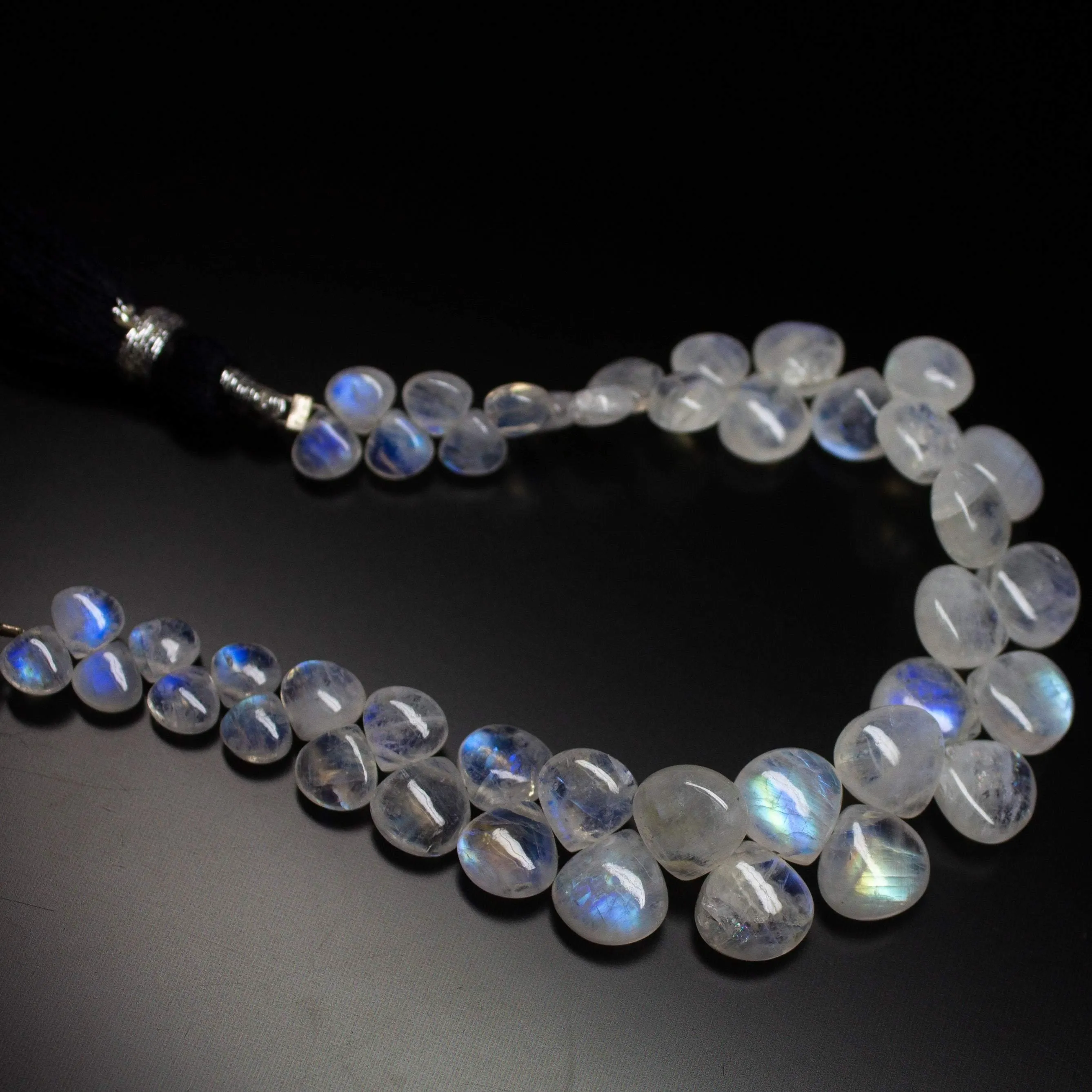 6 inches, 5-8mm, Natural Rainbow Moonstone Smooth Heart Drops Briolette Gemstone Beads