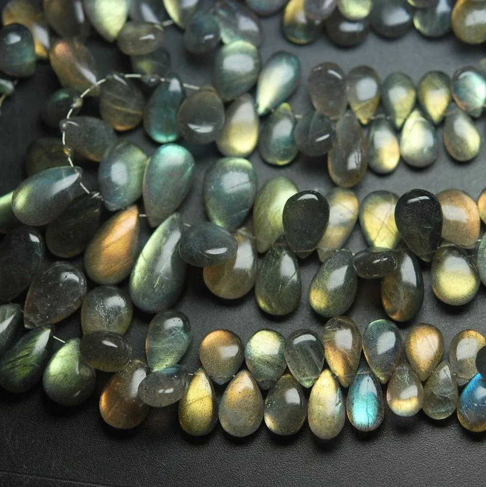 7 Inches, Super Finest Yellow Flash Labradorite Smooth Pear Shape Briolette's Size 8-12mm Approx.