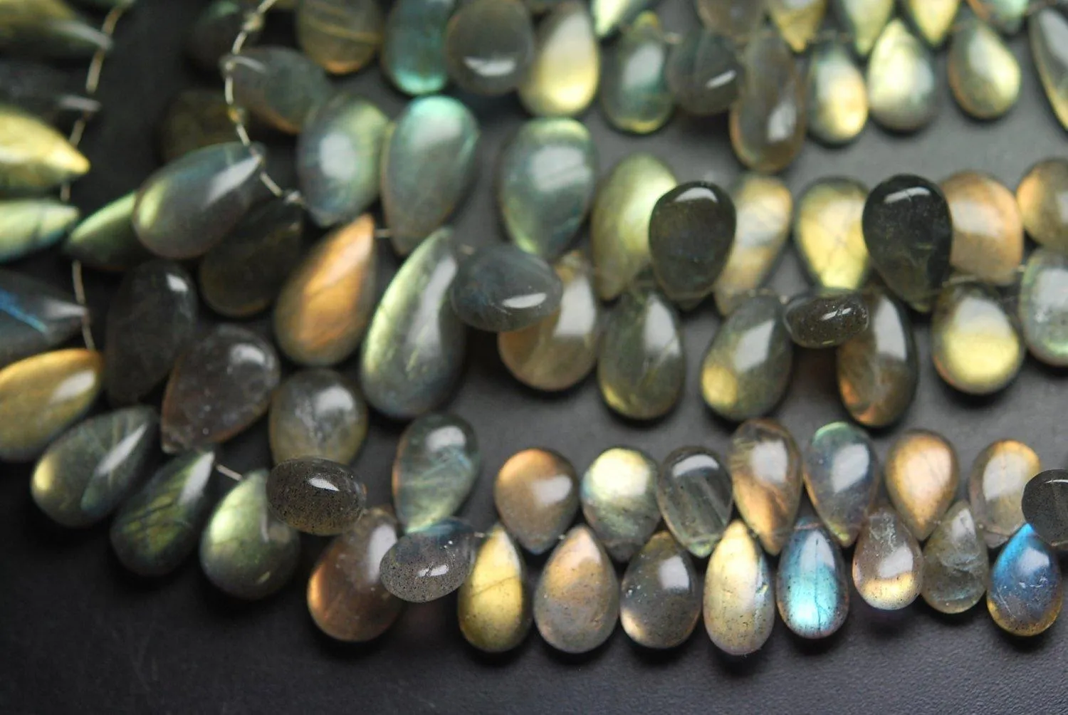 7 Inches, Super Finest Yellow Flash Labradorite Smooth Pear Shape Briolette's Size 8-12mm Approx.