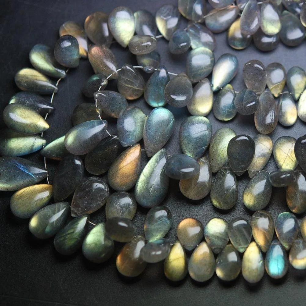 7 Inches, Super Finest Yellow Flash Labradorite Smooth Pear Shape Briolette's Size 8-12mm Approx.