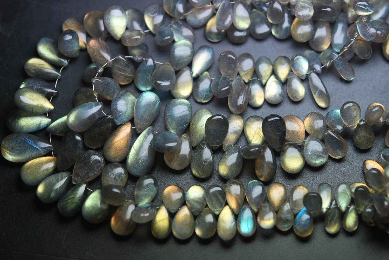 7 Inches, Super Finest Yellow Flash Labradorite Smooth Pear Shape Briolette's Size 8-12mm Approx.