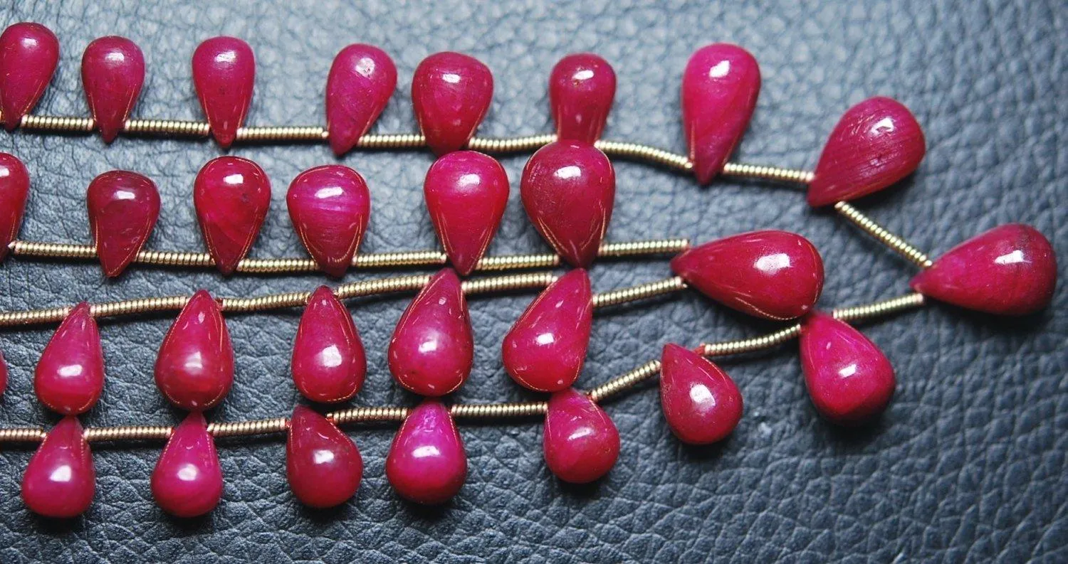 9 Inch Strand Dyed Ruby Smooth Tear Drops Shape Briolettes, 6-9mm Size