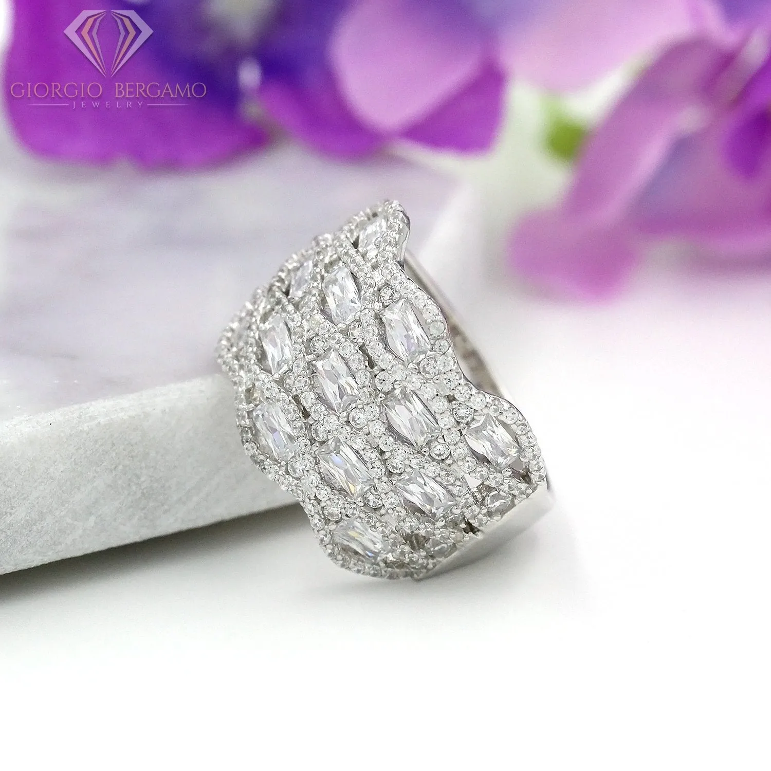 925 Sterling Silver Baguette & Round Micro Pave Cocktail Ring