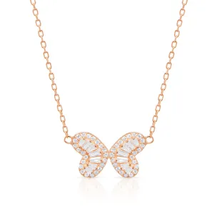 925 Sterling Silver Rose Gold Plated Baguette Butterfly Necklace