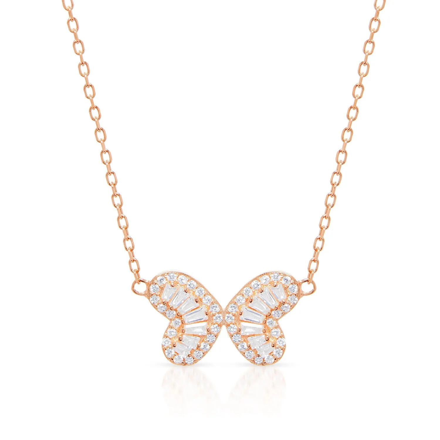 925 Sterling Silver Rose Gold Plated Baguette Butterfly Necklace