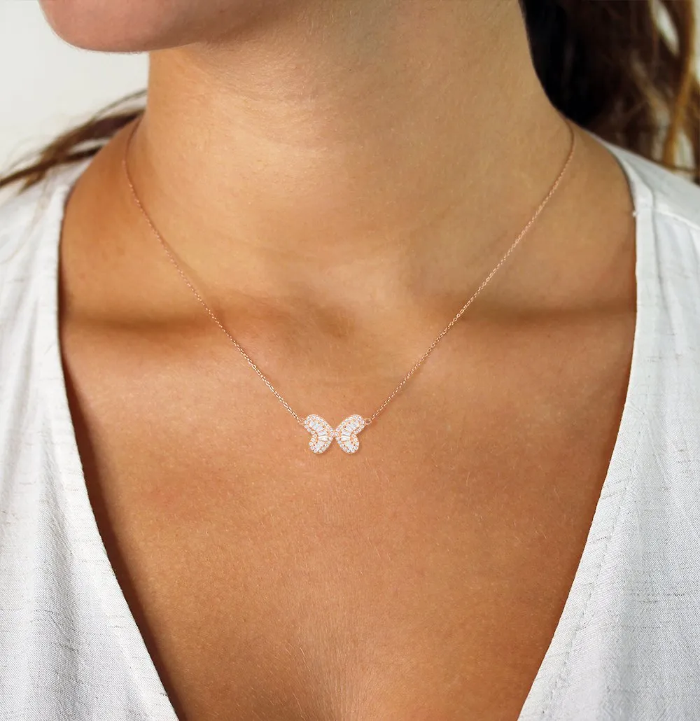 925 Sterling Silver Rose Gold Plated Baguette Butterfly Necklace