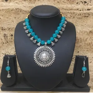 Antique Silver Plated Lakshmi (Laxmi) Pendent Blue Beaded Necklace Earring Set