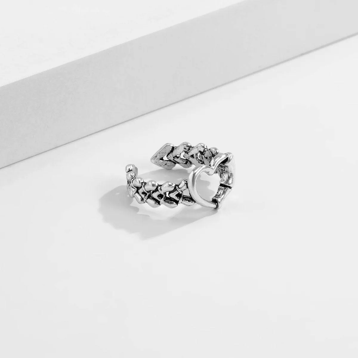 Antique Silver Tone Bamboo Shaped Heart Ring