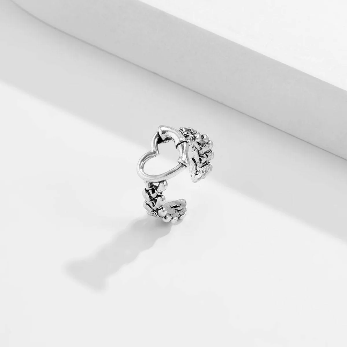 Antique Silver Tone Bamboo Shaped Heart Ring
