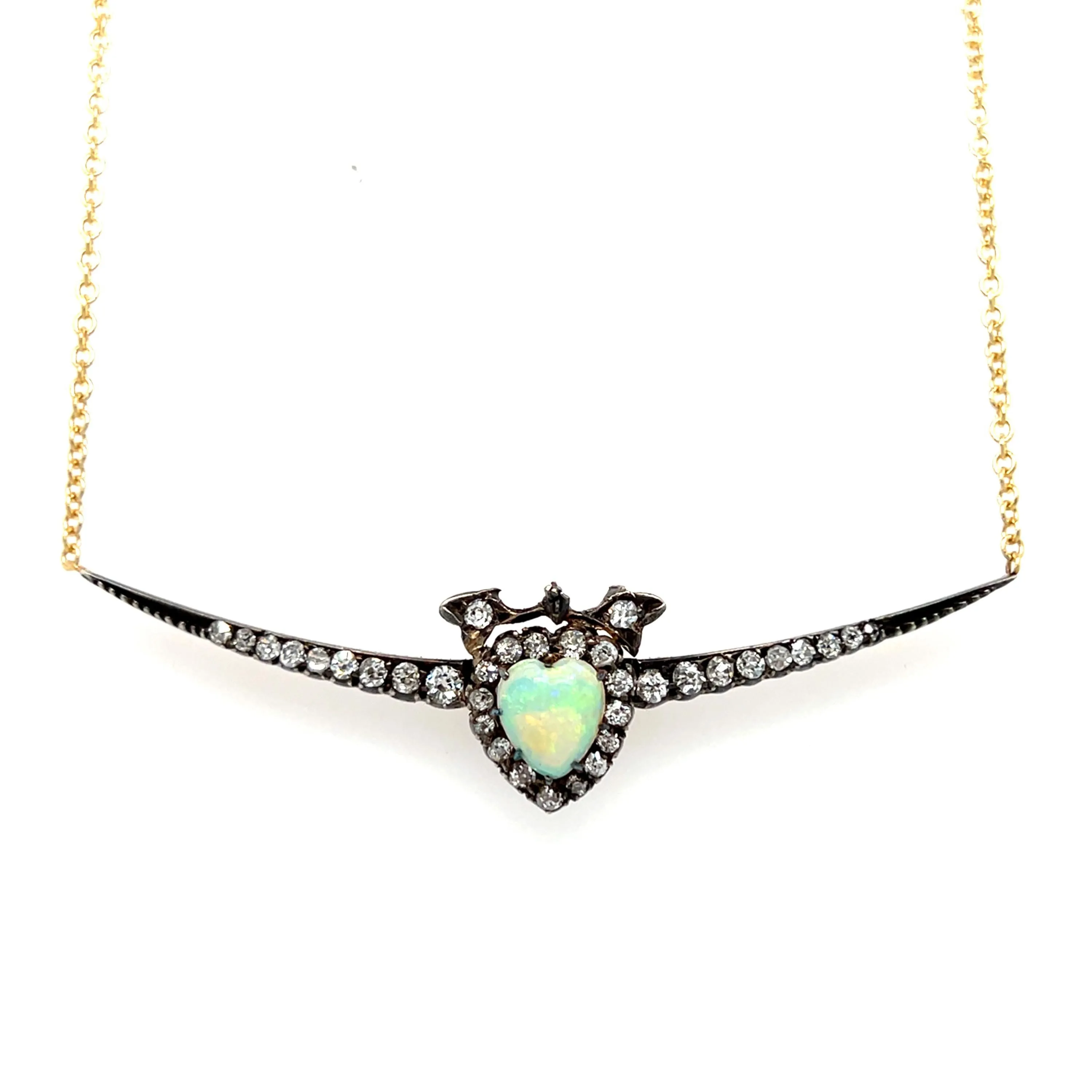 Antique Victorian Diamond/ Opal Crescent Necklace in 18K Yellow Gold - 2.05ct.