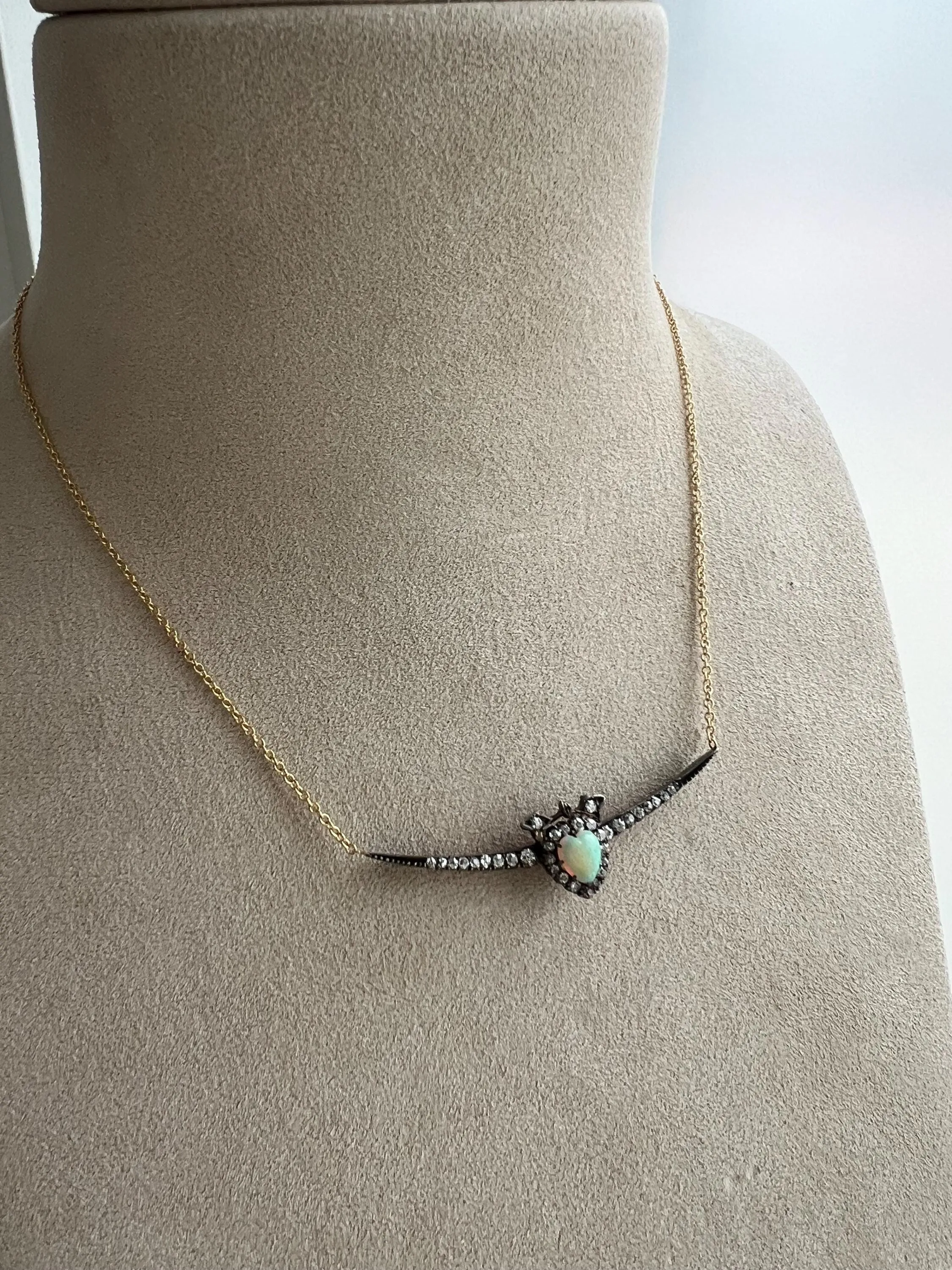 Antique Victorian Diamond/ Opal Crescent Necklace in 18K Yellow Gold - 2.05ct.