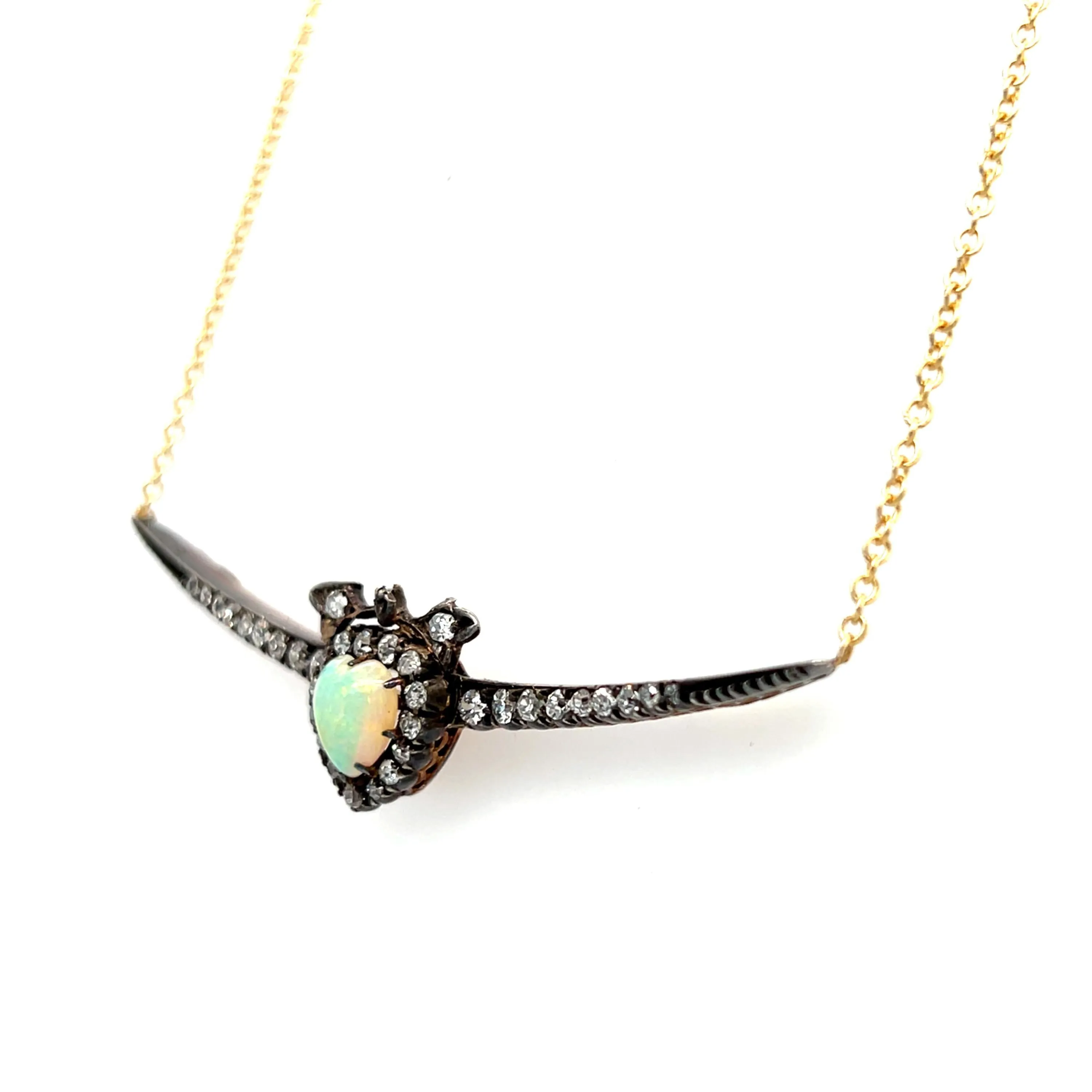 Antique Victorian Diamond/ Opal Crescent Necklace in 18K Yellow Gold - 2.05ct.