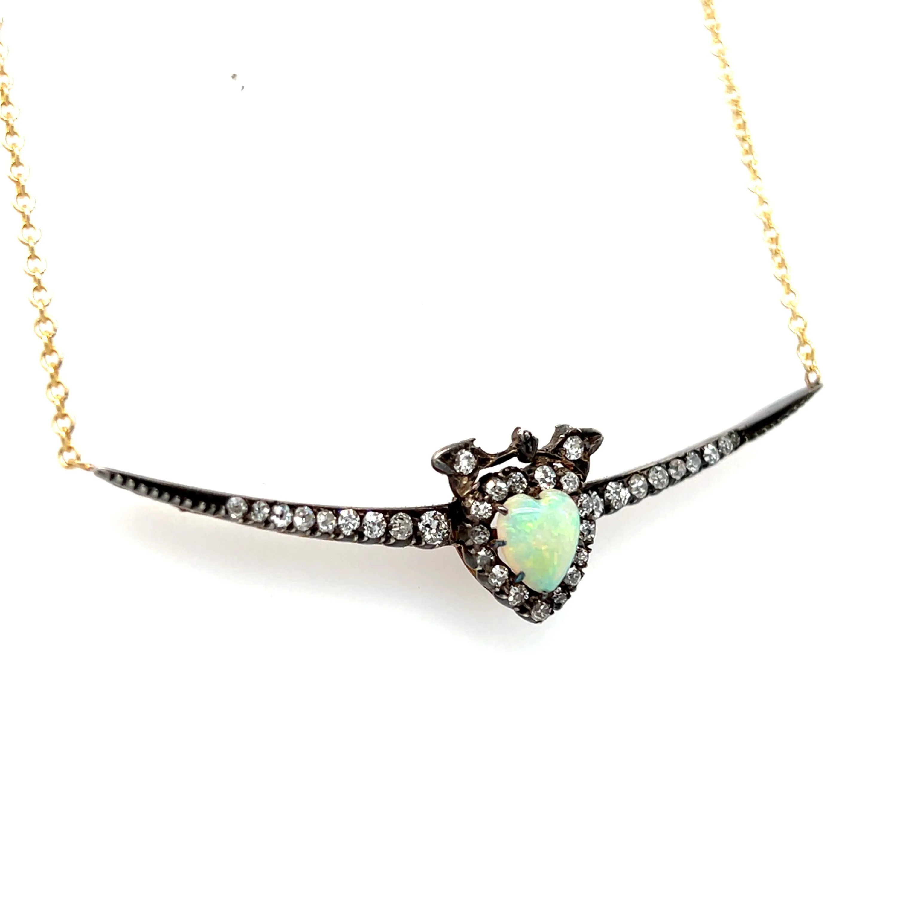 Antique Victorian Diamond/ Opal Crescent Necklace in 18K Yellow Gold - 2.05ct.