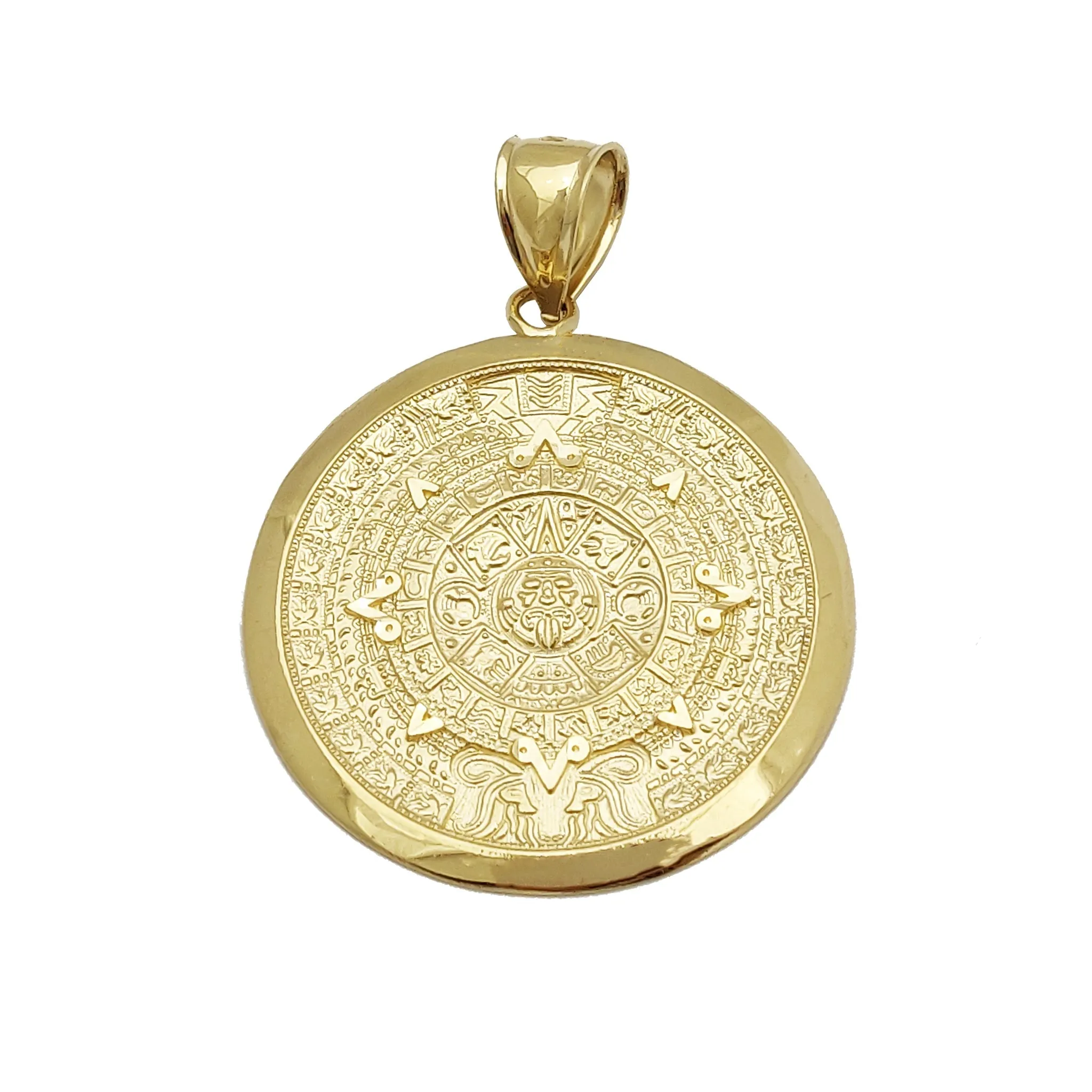 Aztec Sun Calendar Pendant w/ Smooth Border (14K)