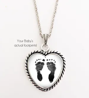 BABY Footprint Necklace, heart shape, Your baby's actual footprints on a necklace