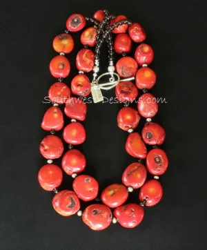 Bamboo Coral Chunky Oval 2-Strand Necklace with Oxidized Sterling & Smoky Quartz Rounds, and a Sterling Silver Toggle Clasp