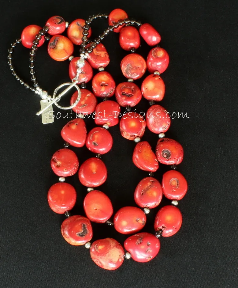 Bamboo Coral Chunky Oval 2-Strand Necklace with Oxidized Sterling & Smoky Quartz Rounds, and a Sterling Silver Toggle Clasp