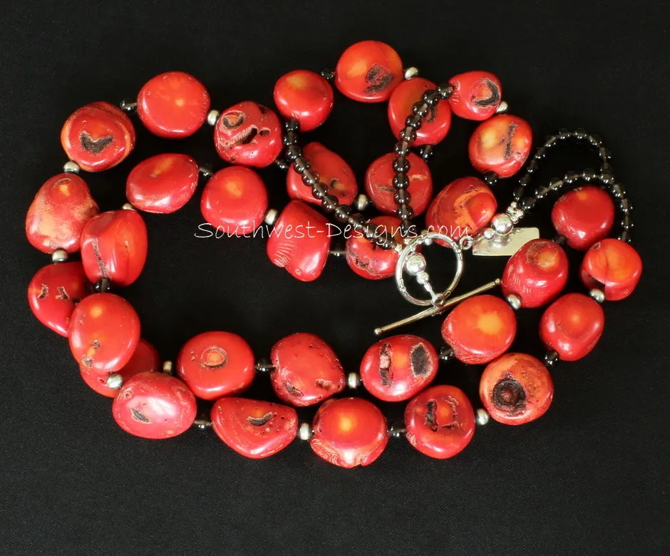 Bamboo Coral Chunky Oval 2-Strand Necklace with Oxidized Sterling & Smoky Quartz Rounds, and a Sterling Silver Toggle Clasp