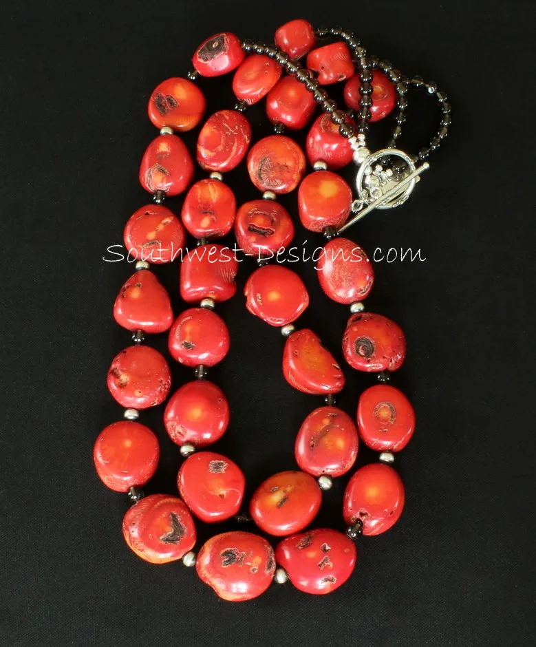 Bamboo Coral Chunky Oval 2-Strand Necklace with Oxidized Sterling & Smoky Quartz Rounds, and a Sterling Silver Toggle Clasp