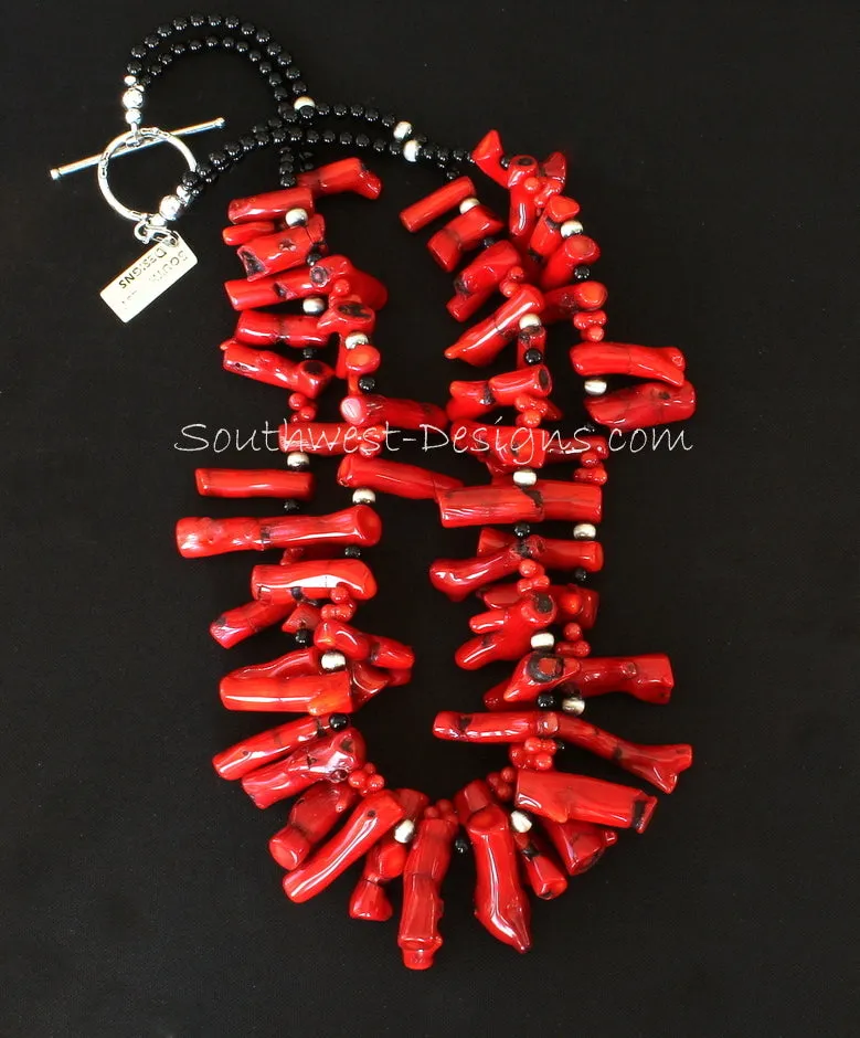 Bamboo Coral Spike 2-Strand Necklace with Onyx Rounds, Bamboo Coral Peanuts, Oxidized Sterling Silver Rounds, and Sterling Silver Toggle Clasp