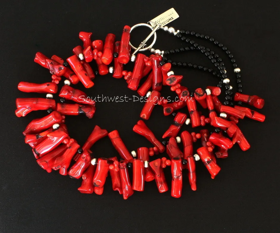 Bamboo Coral Spike 2-Strand Necklace with Onyx Rounds, Bamboo Coral Peanuts, Oxidized Sterling Silver Rounds, and Sterling Silver Toggle Clasp