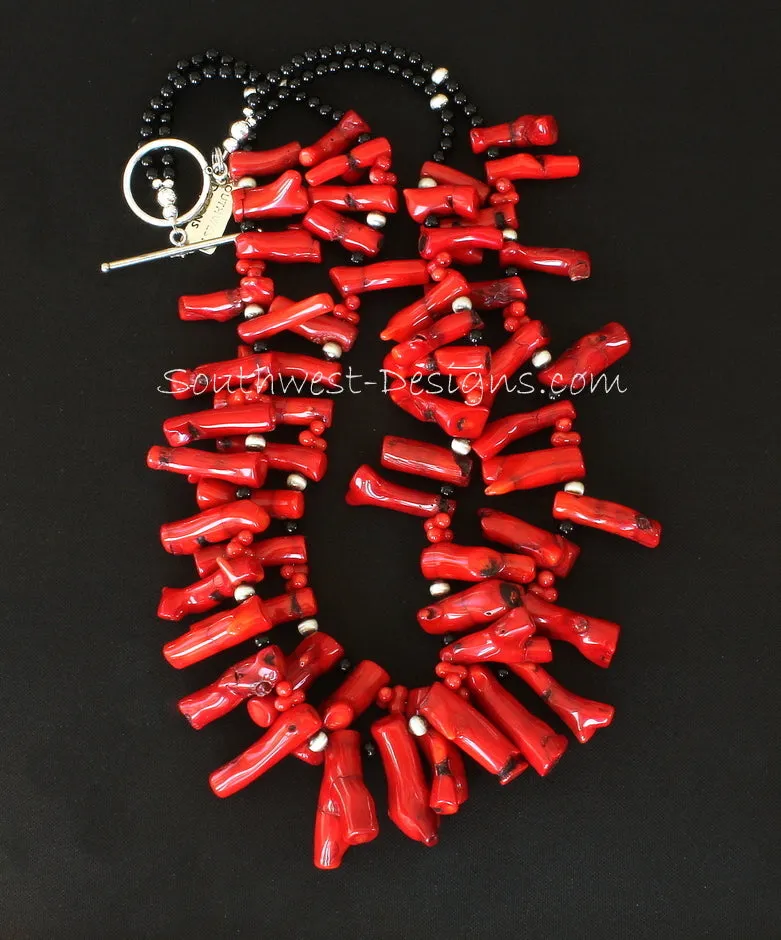 Bamboo Coral Spike 2-Strand Necklace with Onyx Rounds, Bamboo Coral Peanuts, Oxidized Sterling Silver Rounds, and Sterling Silver Toggle Clasp