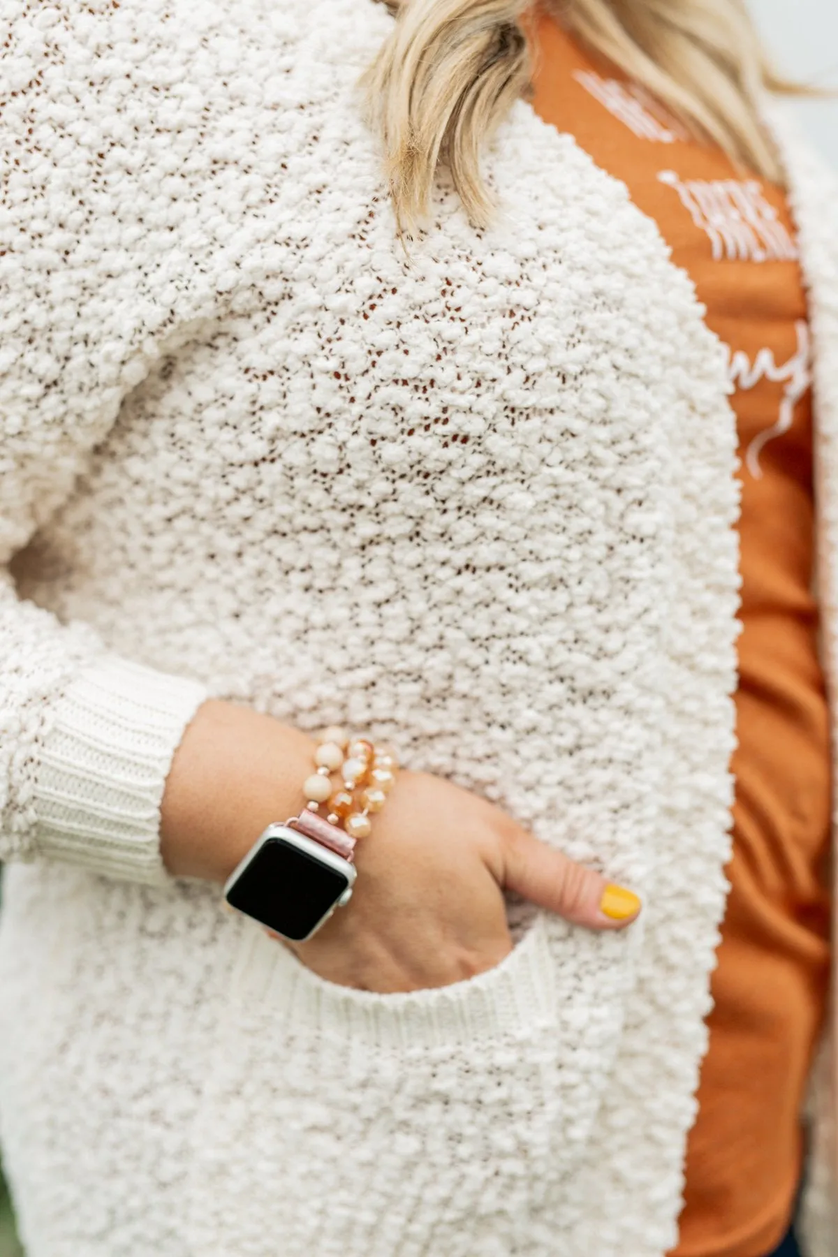 Beaded Pendant Watch Band- Peach & Beige
