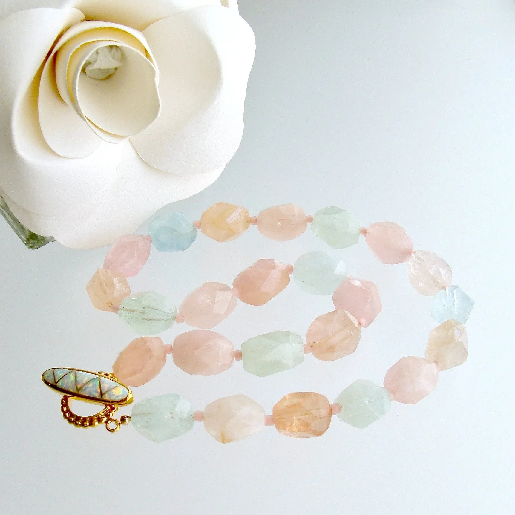Beryl Aquamarine Morganite Nugget Choker Necklace Opal Inlay Toggle - Candie Necklace