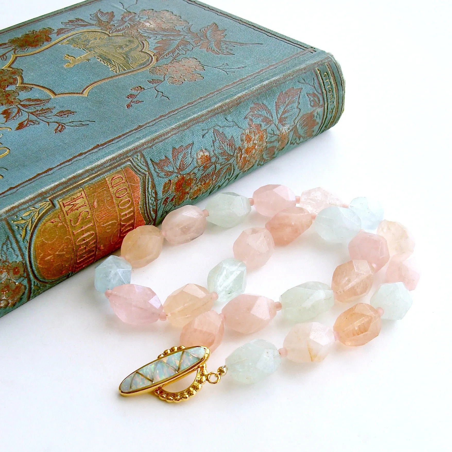 Beryl Aquamarine Morganite Nugget Choker Necklace Opal Inlay Toggle - Candie Necklace