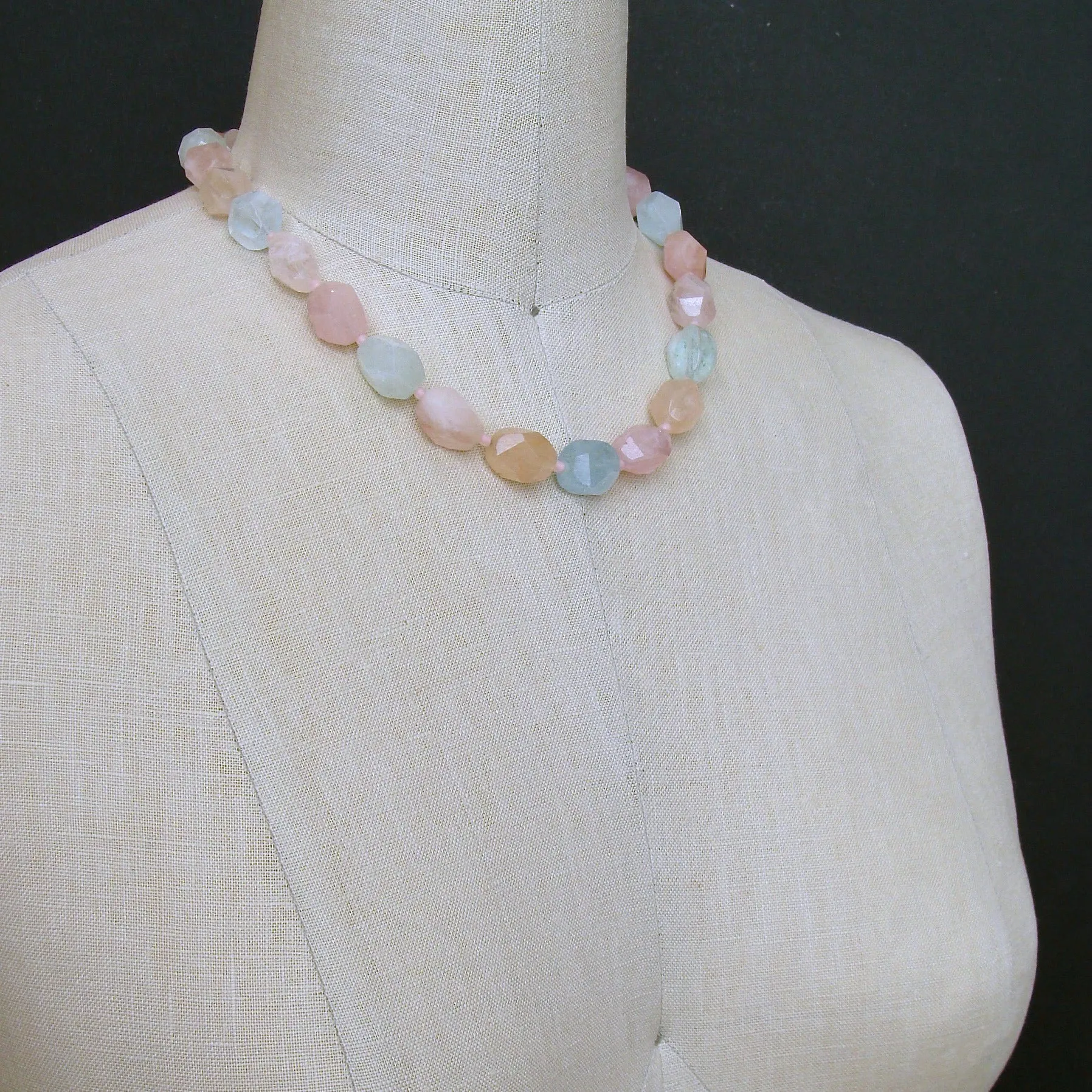Beryl Aquamarine Morganite Nugget Choker Necklace Opal Inlay Toggle - Candie Necklace