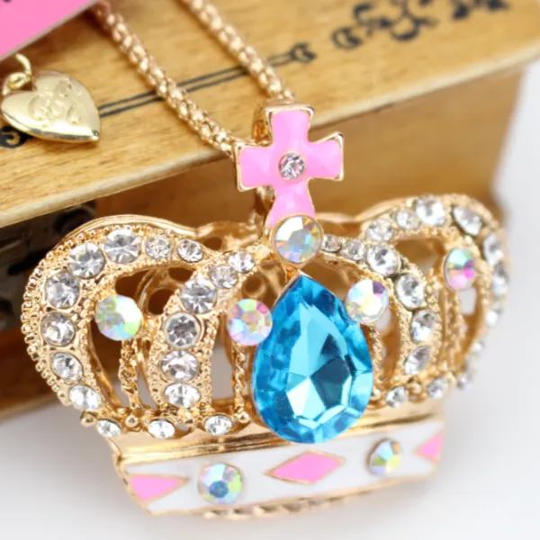 Betsey Johnson Jeweled Crown Blue Gem Pendant Necklace