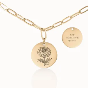 Birth Flower Coin Pendant on Paperclip Chain