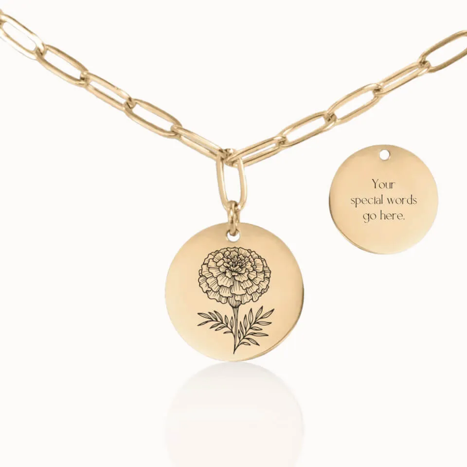 Birth Flower Coin Pendant on Paperclip Chain