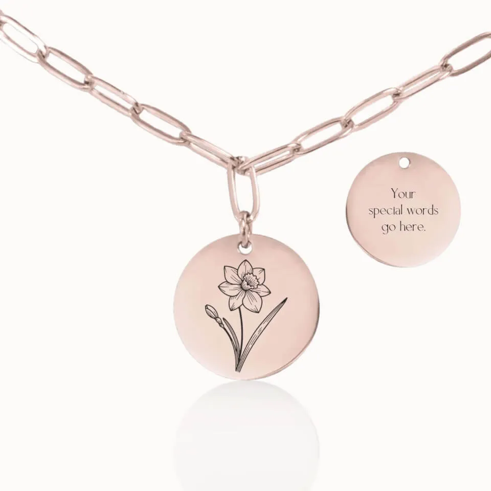 Birth Flower Coin Pendant on Paperclip Chain