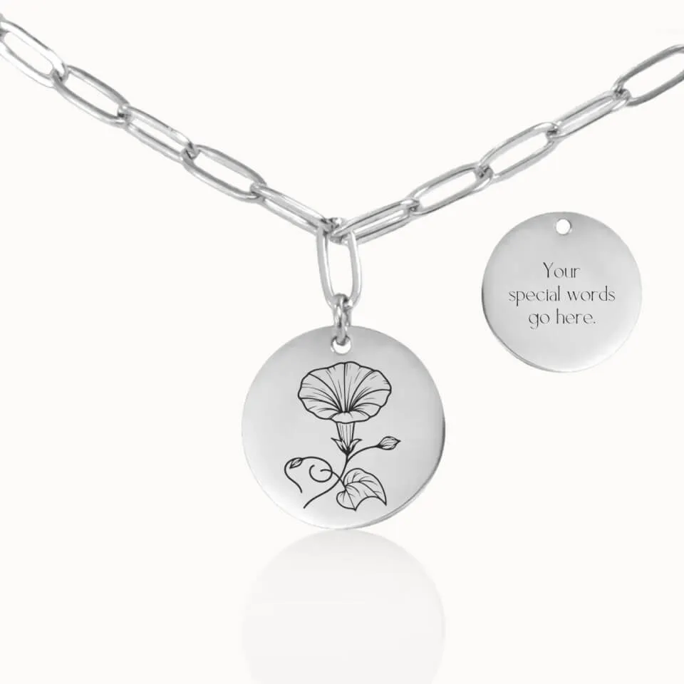 Birth Flower Coin Pendant on Paperclip Chain