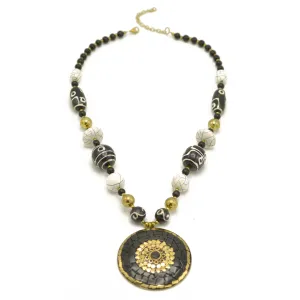 Black Gold and Ivory beads with Black and gold Round pendant necklace #FWNK-2302-125 OPT-02