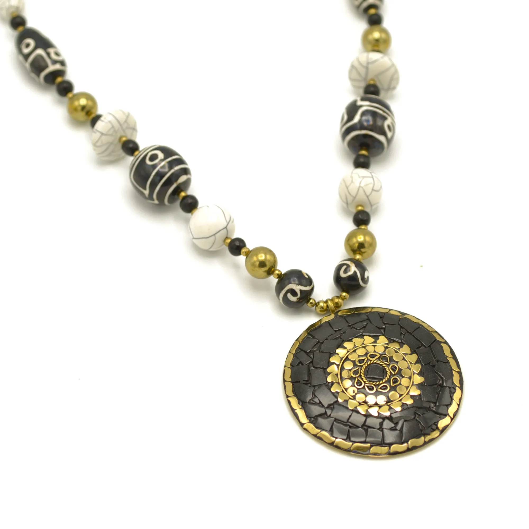 Black Gold and Ivory beads with Black and gold Round pendant necklace #FWNK-2302-125 OPT-02