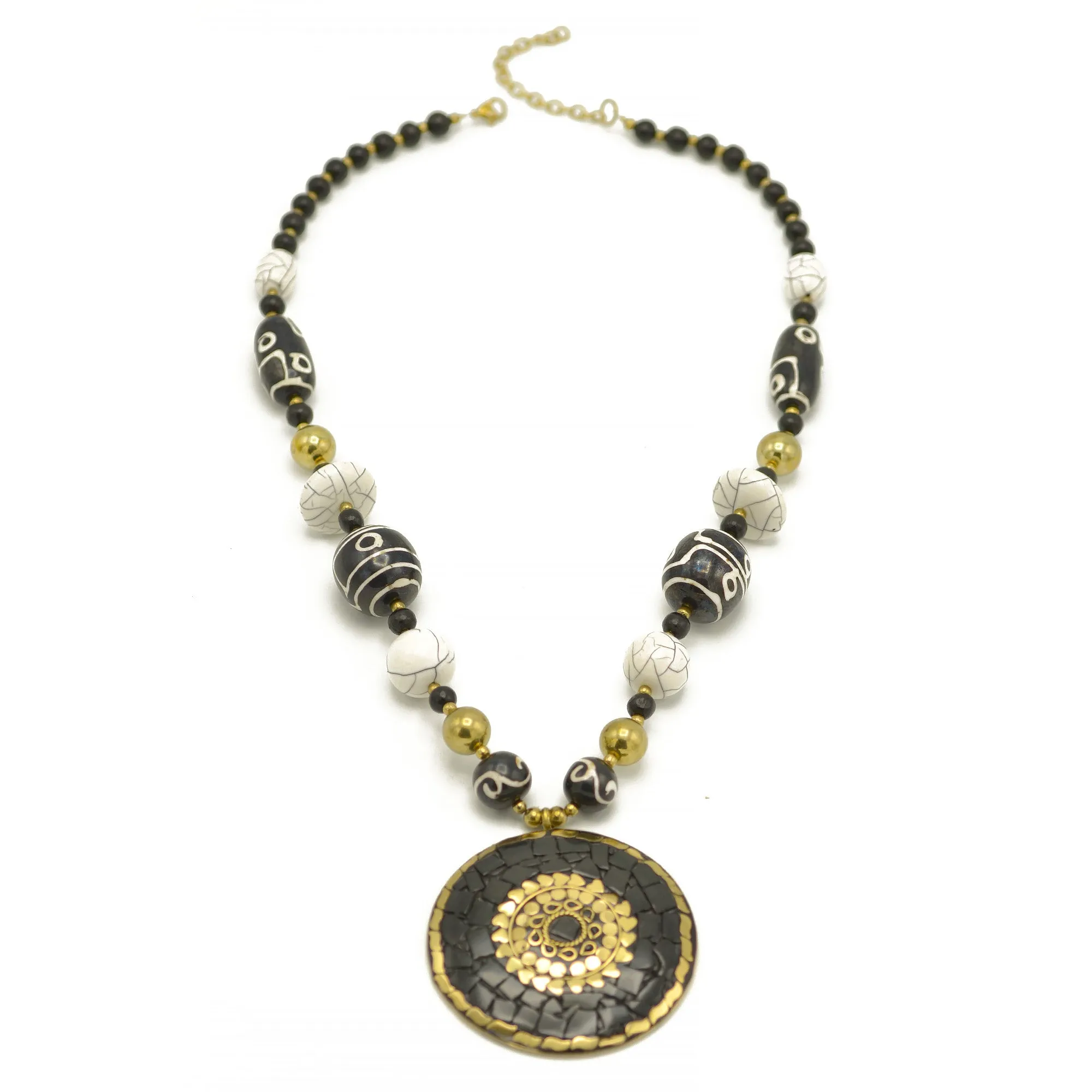 Black Gold and Ivory beads with Black and gold Round pendant necklace #FWNK-2302-125 OPT-02