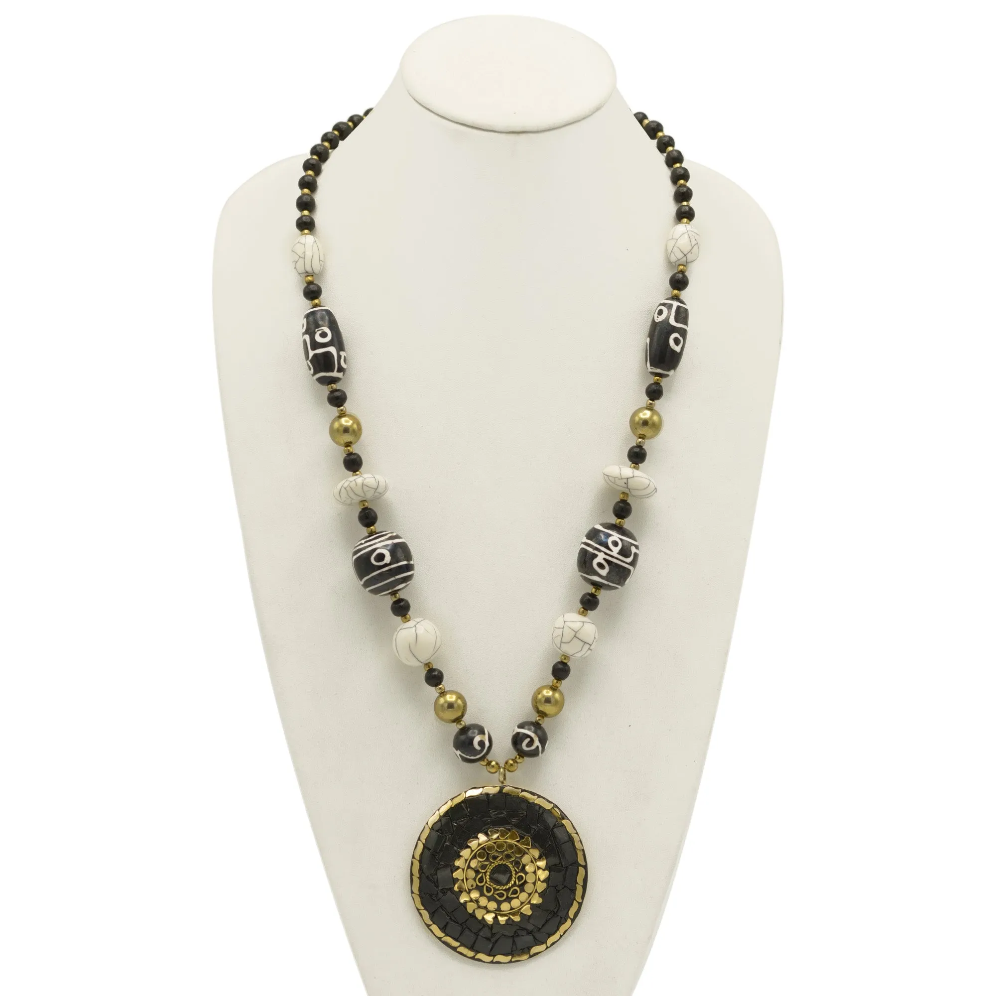 Black Gold and Ivory beads with Black and gold Round pendant necklace #FWNK-2302-125 OPT-02