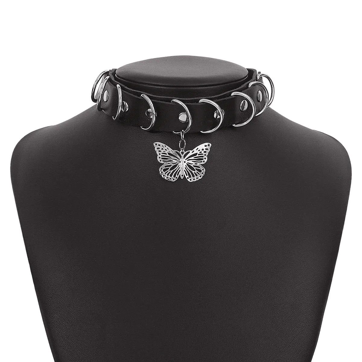 Black Polystyrene & Silver-Plated Butterfly Choker Necklace