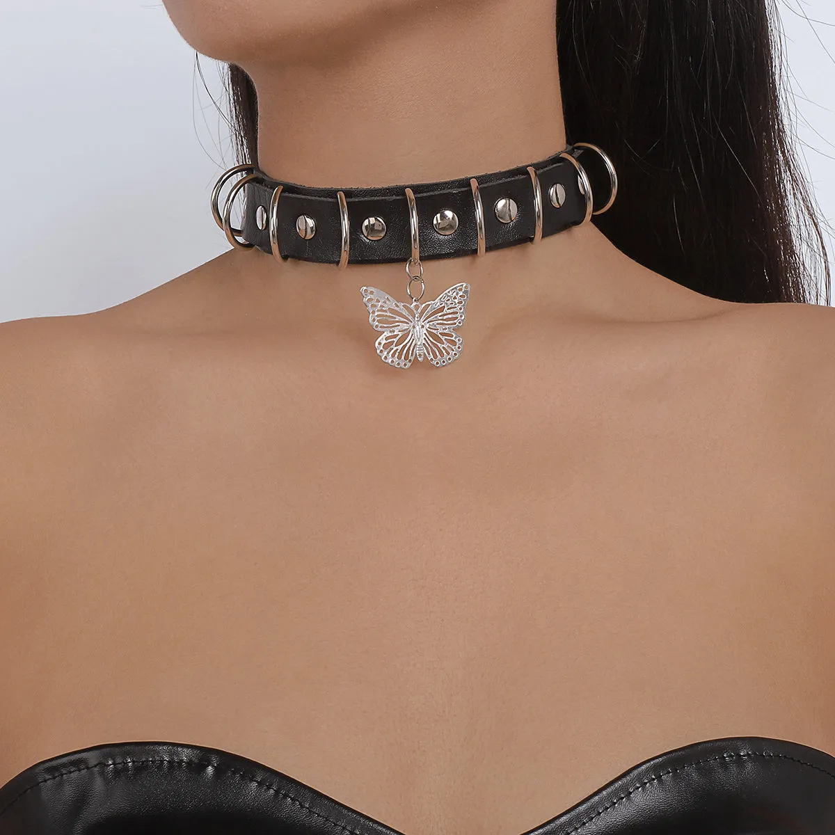 Black Polystyrene & Silver-Plated Butterfly Choker Necklace
