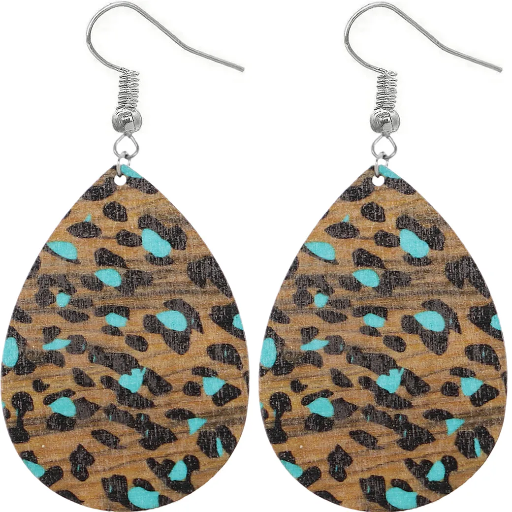 Blue Cheetah Print Wooden Teardrop Earrings