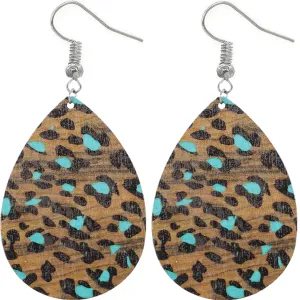 Blue Cheetah Print Wooden Teardrop Earrings