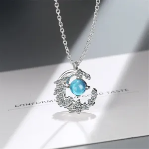 Blue Crystal & Cubic Zirconia Crescent Moon Pendant Necklace