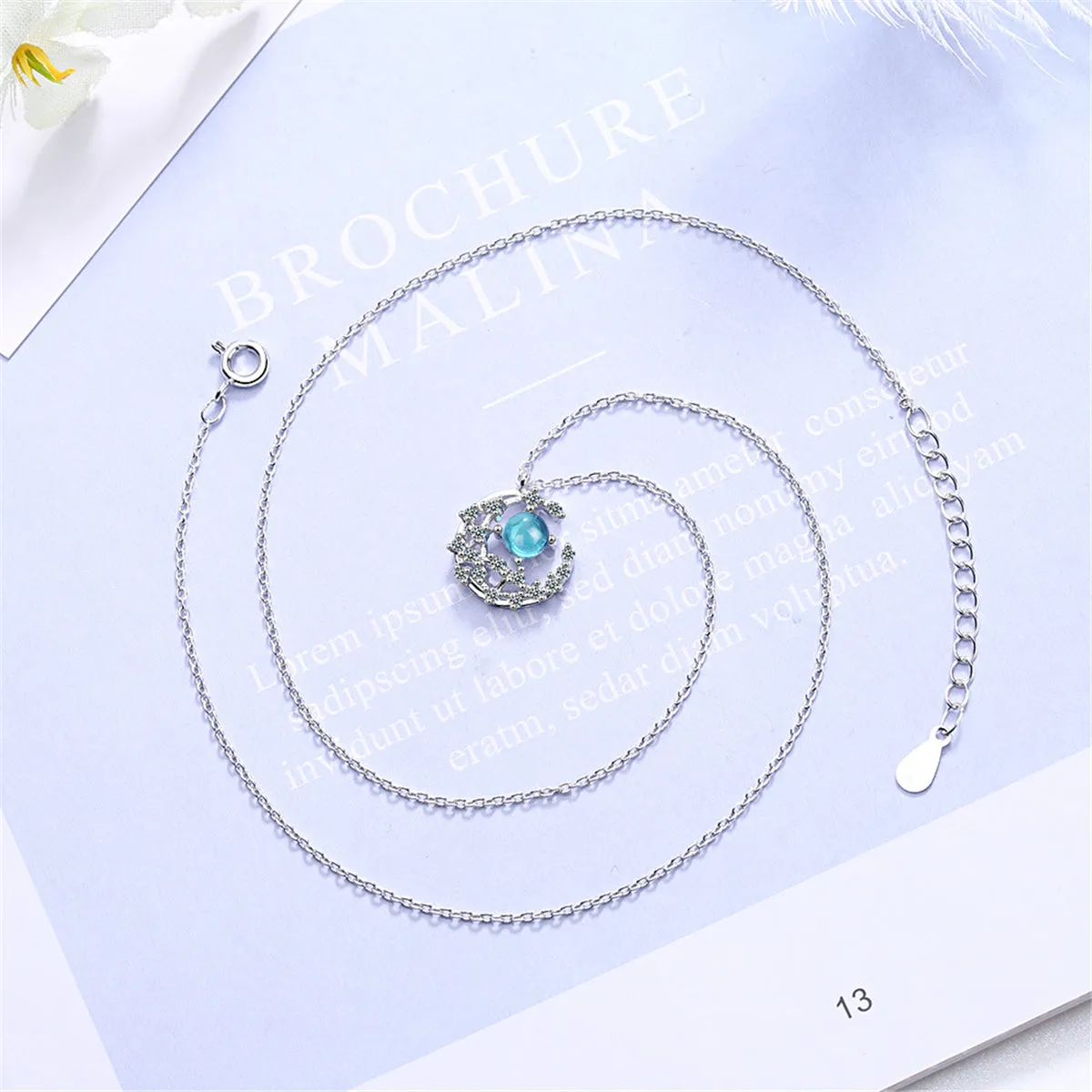 Blue Crystal & Cubic Zirconia Crescent Moon Pendant Necklace